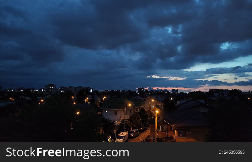 Sky at dusk covered with clouds in Bucharest, Berceni