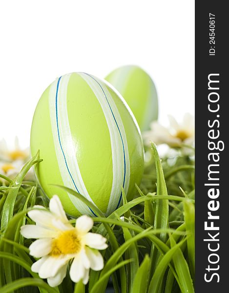 Easter eggs on grass isolated on white