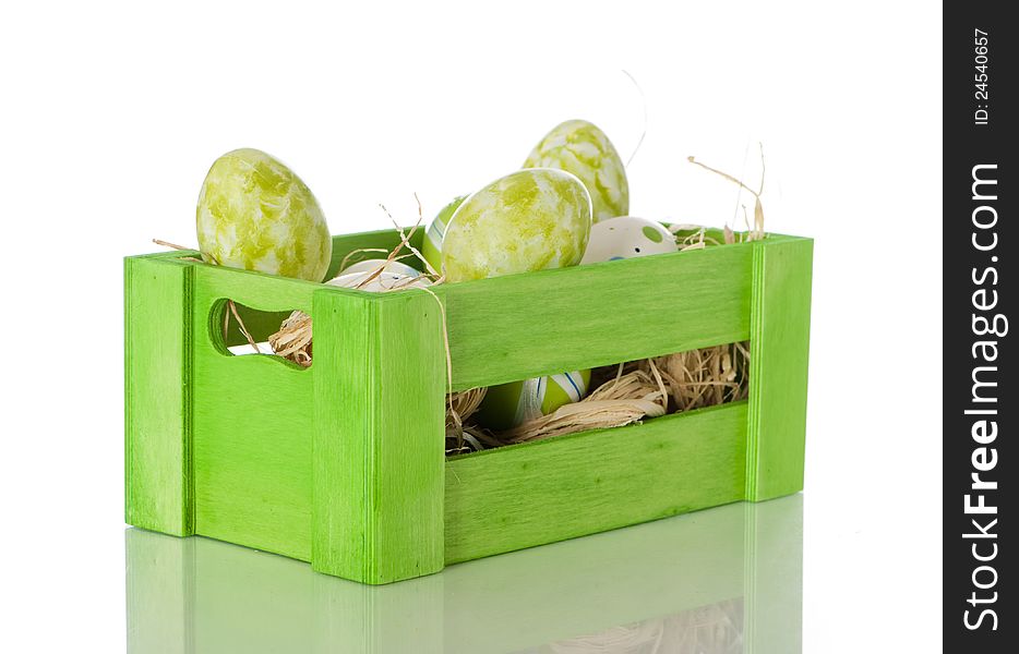 Easter eggs in wooden box