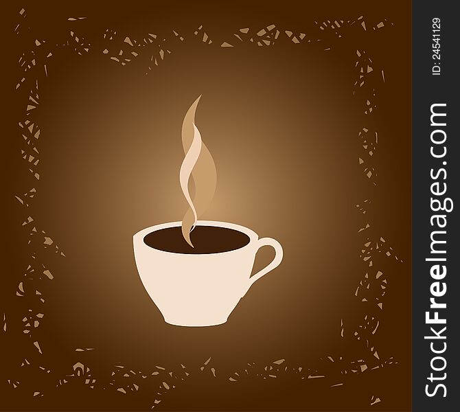 Hot coffee cup on brown background, vector image