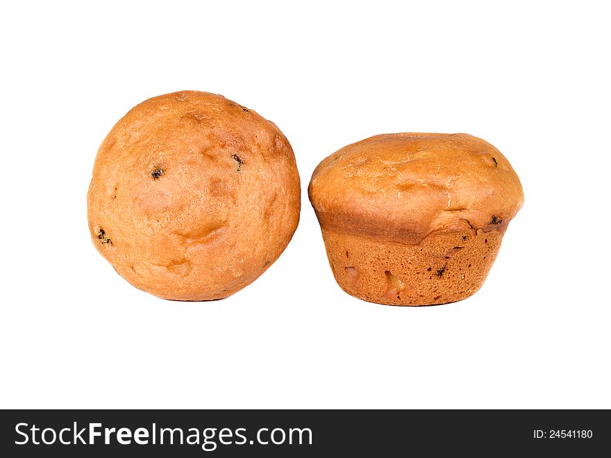 Two beautiful cake with raisins isolated. Two beautiful cake with raisins isolated