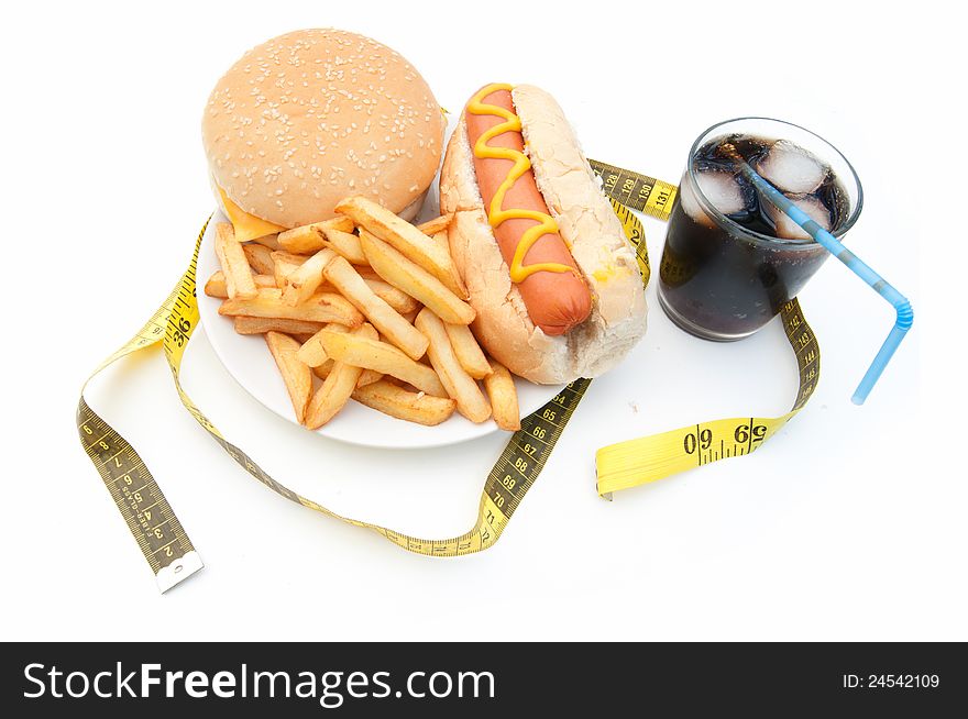 Tape measure around a plate with a cheeseburger, fries and hot dog. Tape measure around a plate with a cheeseburger, fries and hot dog