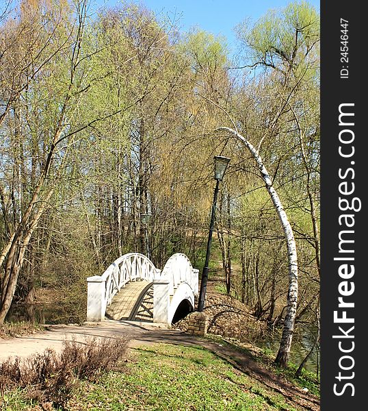 White curved bridge through a pond among the trees. White curved bridge through a pond among the trees