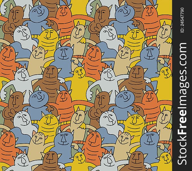 The seamless pattern with group of funny happy cats. Colored vector illustration. The seamless pattern with group of funny happy cats. Colored vector illustration