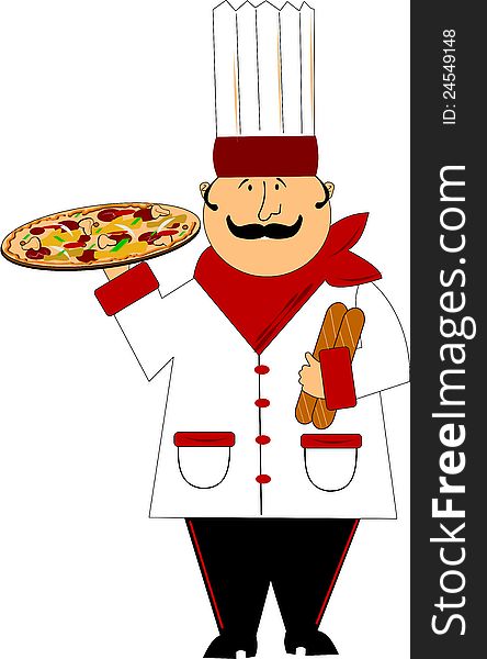 Pizza chef with large all dressed pizza and hand full of bread in formal attire. Pizza chef with large all dressed pizza and hand full of bread in formal attire