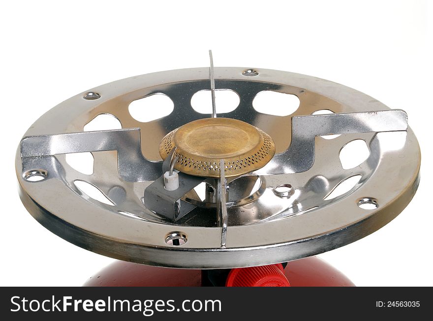 Mini gas cylinder burner on white background - closeup shot. Mini gas cylinder burner on white background - closeup shot