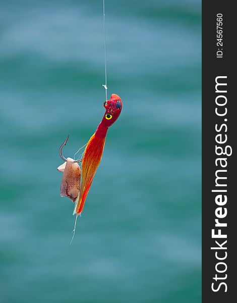 A piece of squid on a hook and jig hanging over the side of the Navarre Beach pier in Florida waiting to be tossed into the Emerald Coast Gulf waters on a warm sunny day in April 2012. A piece of squid on a hook and jig hanging over the side of the Navarre Beach pier in Florida waiting to be tossed into the Emerald Coast Gulf waters on a warm sunny day in April 2012.