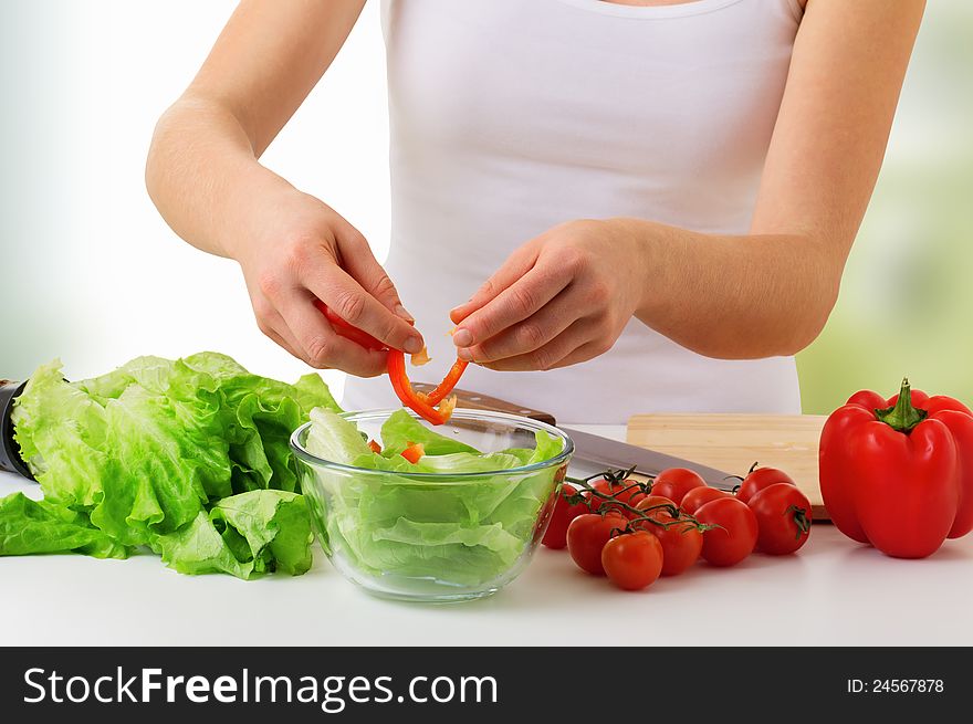 Hand Of Housewife Preparing Dinner, Vegetables