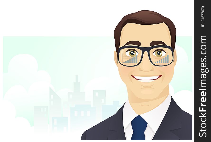 Successful cheerful businessman with reflection of progress chart in his glasses. EPS 10, transparency. Transparency effects in separate glasses layer. Successful cheerful businessman with reflection of progress chart in his glasses. EPS 10, transparency. Transparency effects in separate glasses layer