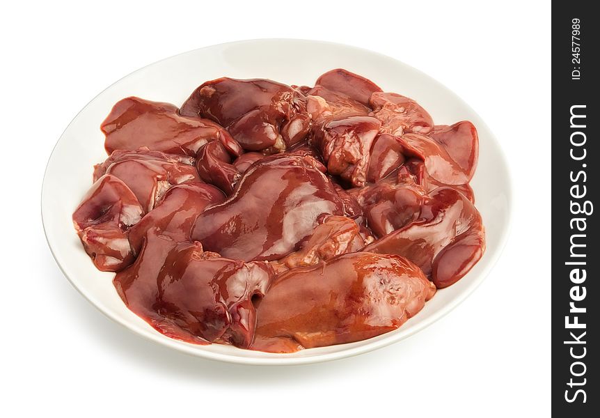 Chicken liver chunks on a plate against white background