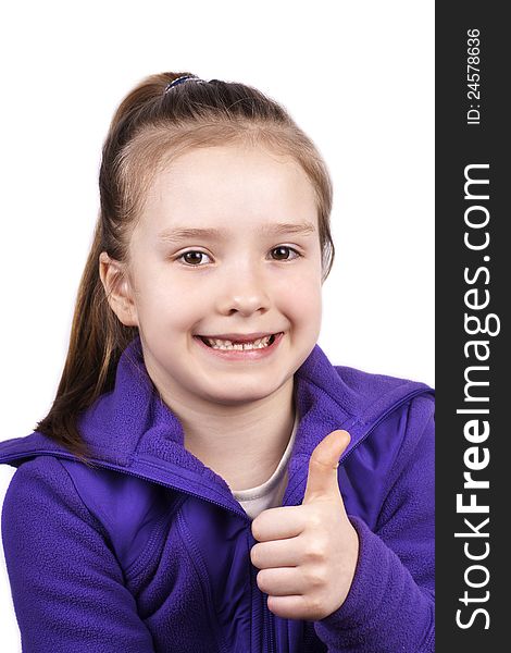 Portrait of a beautiful little girl showing ok sign isolated on white