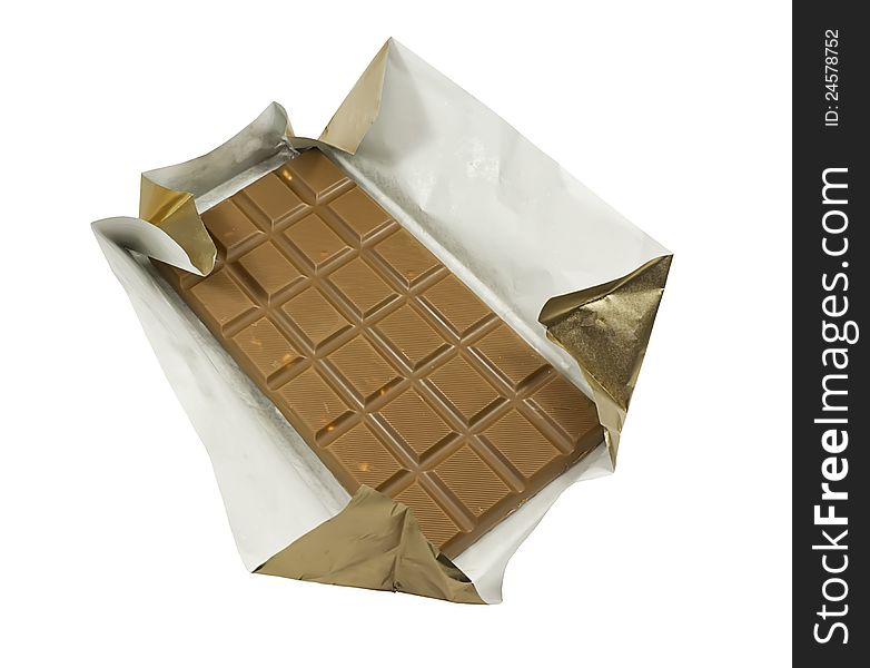 Milk chocolate with hazelnuts and almonds wrapped in white background