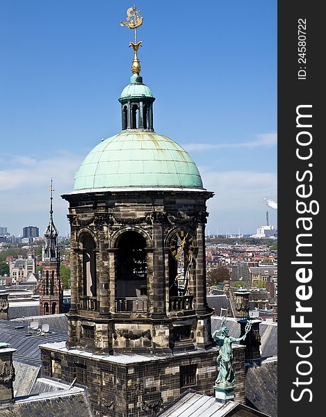 Rare aerial view to the Amsterdam king's palace pinnacle. Rare aerial view to the Amsterdam king's palace pinnacle