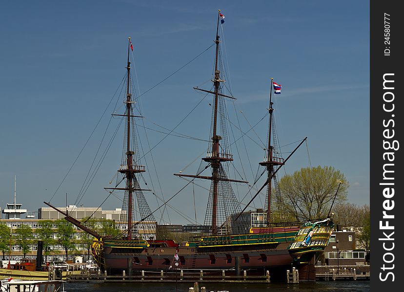 The VOC ship Amsterdam replica moored near the Netherlands Maritime Museum. The VOC ship Amsterdam replica moored near the Netherlands Maritime Museum