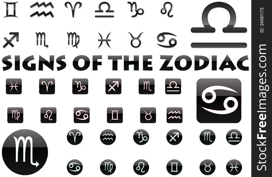 Logo-like Zodiac Star Signs isolated on a white background. Three sets of different styles.