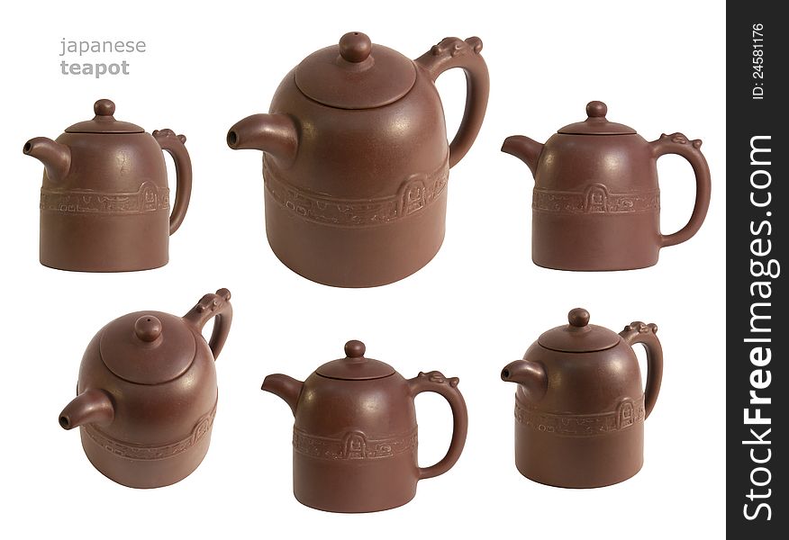 Brown teapot on white background in several positions