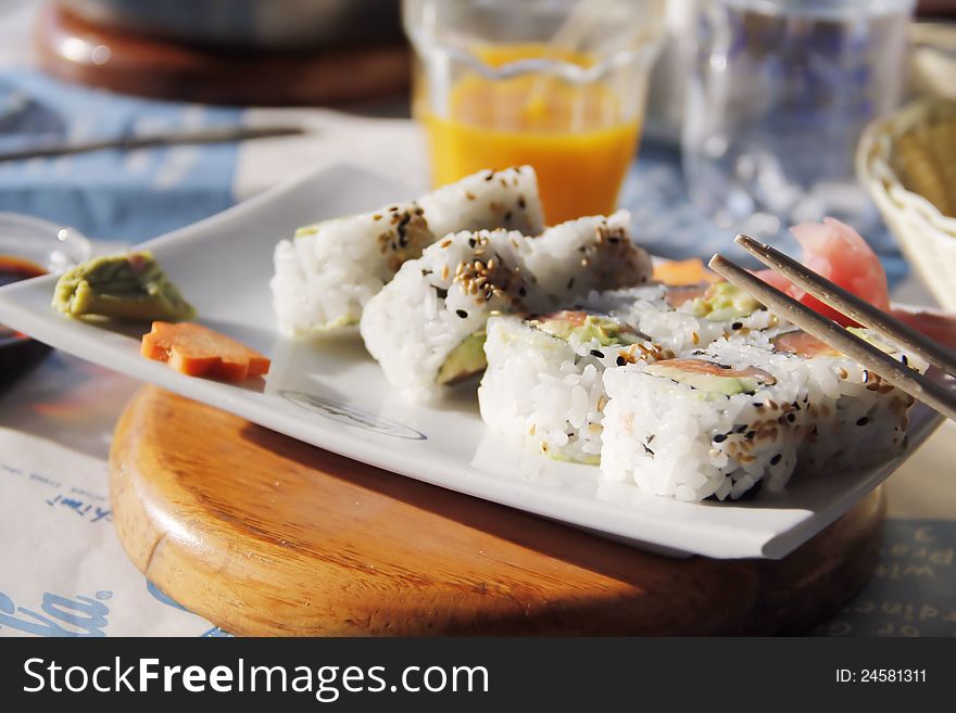 Tasty asian food - california rolls with salmon. Tasty asian food - california rolls with salmon