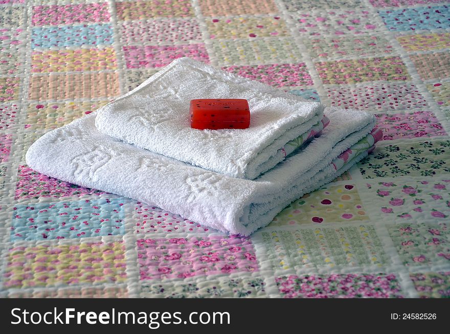 Decorating with red bedding towels and soap with herbs. Decorating with red bedding towels and soap with herbs.