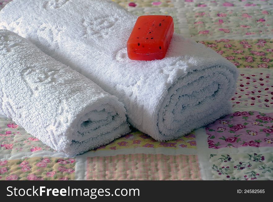 Decorating with red bedding towels and soap with herbs. Decorating with red bedding towels and soap with herbs.