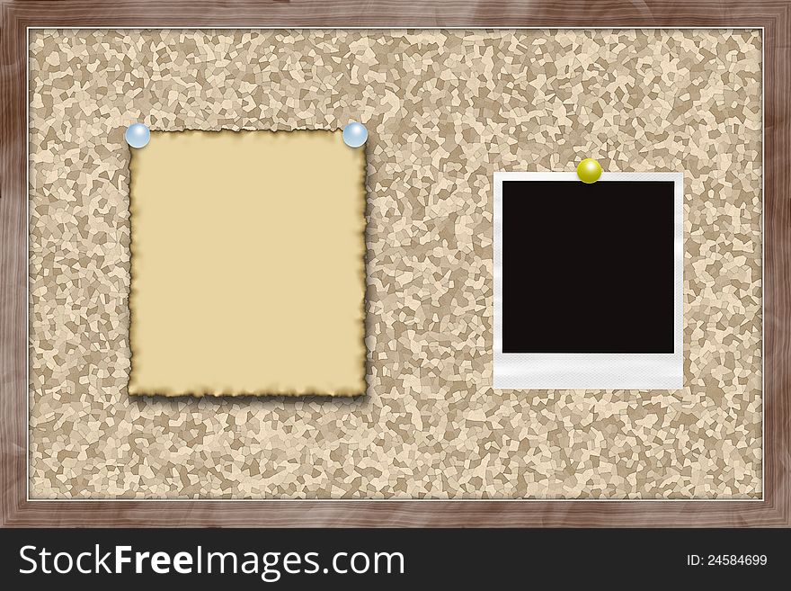 Cork bulletin board with note and instant photo card. Cork bulletin board with note and instant photo card.