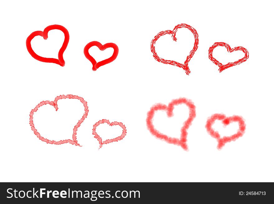 Collection of hand drawn sketch red hearts.