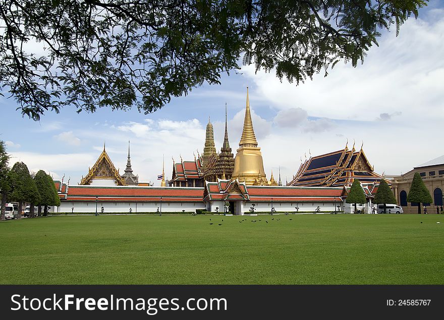 Tamarind Branch on Foreground at Temple of the Emerald Buddha, Bangkok Thailand.