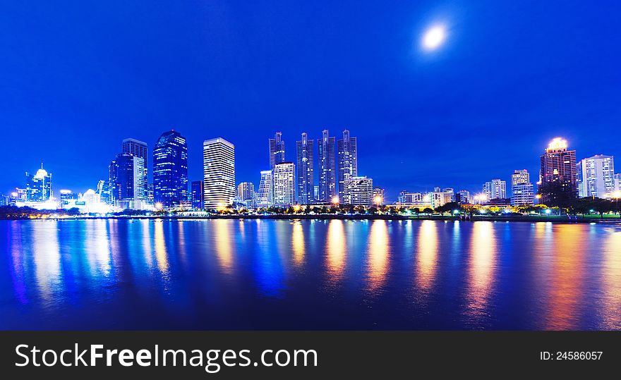 City at night. A modern building in Bangkok, Thailand.