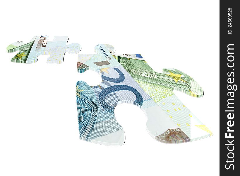 Two pieces of Euro banknotes puzzles on white background
