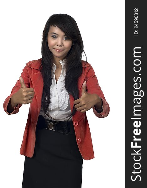 Beautiful asian woman with her two thumbs up
