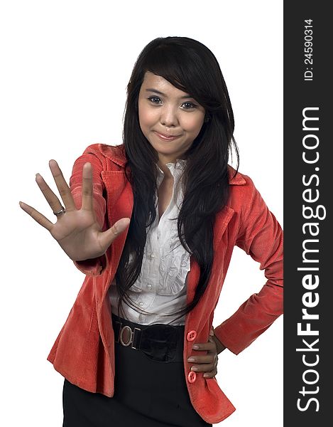 Asian business woman show top sign with her hand. Asian business woman show top sign with her hand