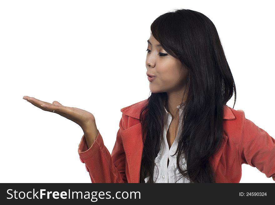 Asian woman show something with her hand. You can put your object on the hand