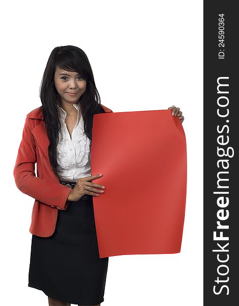 Asian woman show something on red paper. You can write your message on the paper. Asian woman show something on red paper. You can write your message on the paper