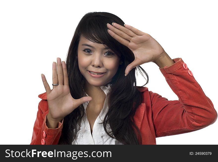 Woman framing her face with her hand. Woman framing her face with her hand