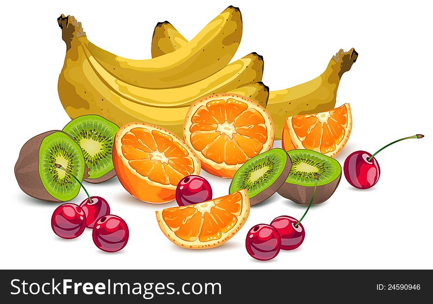 Set of fruits bananas oranges kiwi cherries vector illustration