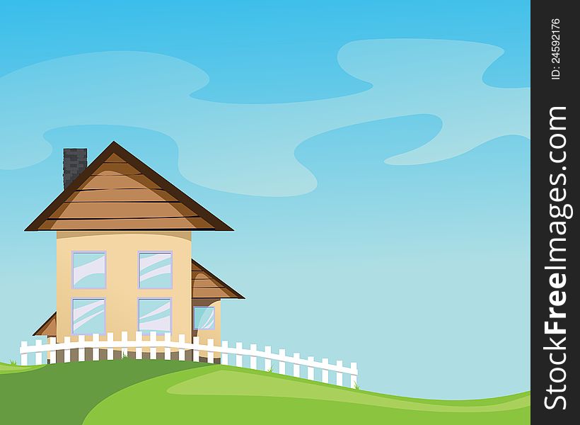 The house with a fence on a lawn. Illustration. The house with a fence on a lawn. Illustration