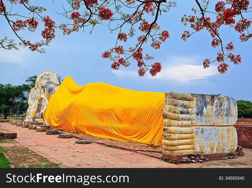 Reclining Buddha and blue sky with tree cover