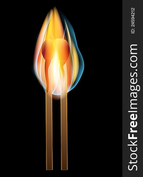 Two burning matches a black background. Burn in the fire of love. Vector