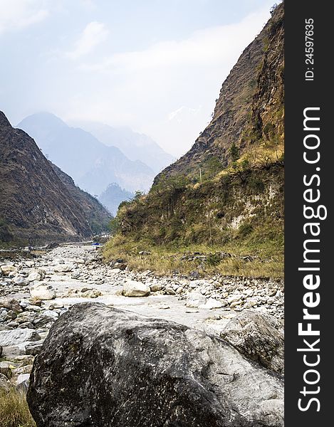 Empty riverbed in Himalaya mountains in Nepal