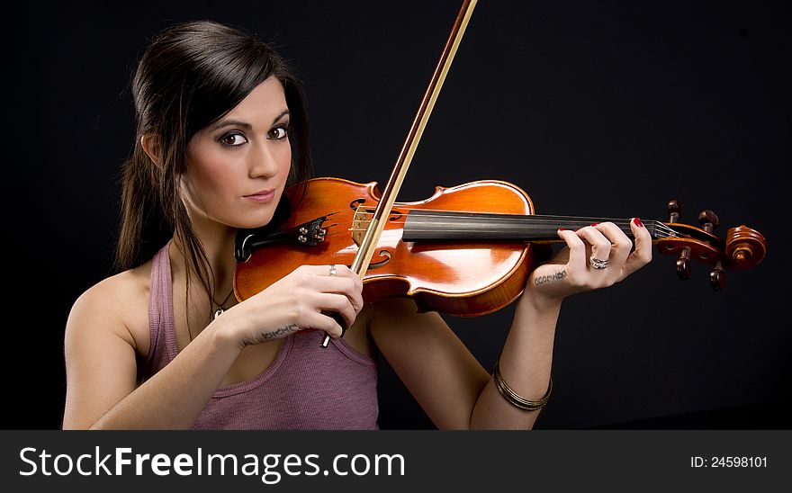 Beautiful Brunette Wman Music Maker Plays Violin