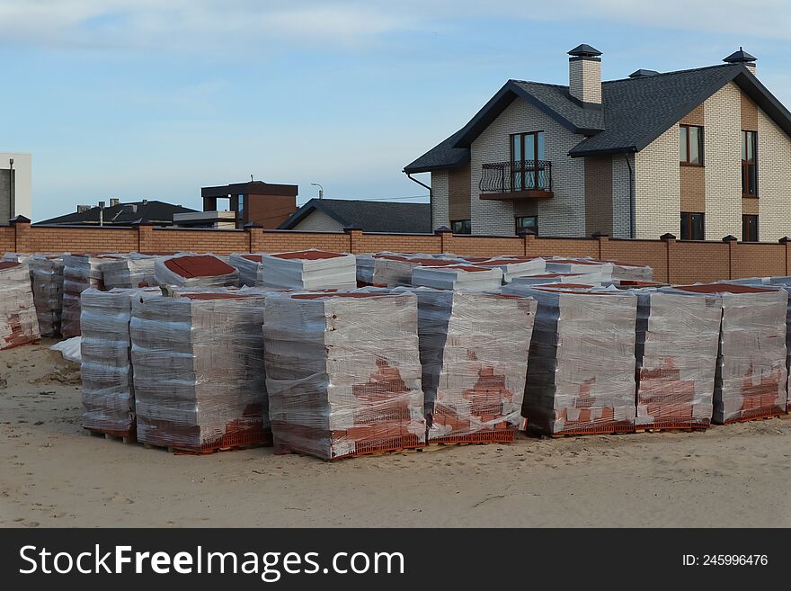 A Lot Of Pallets Of Bricks For Construction In Film