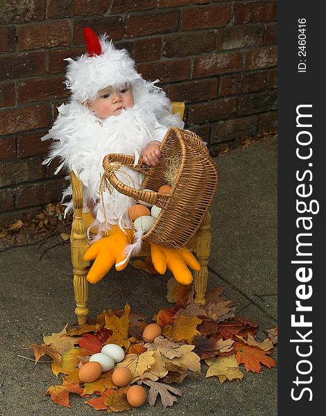 Image of a cute baby wearing a chicken costume, holding a basket of eggs. Image of a cute baby wearing a chicken costume, holding a basket of eggs