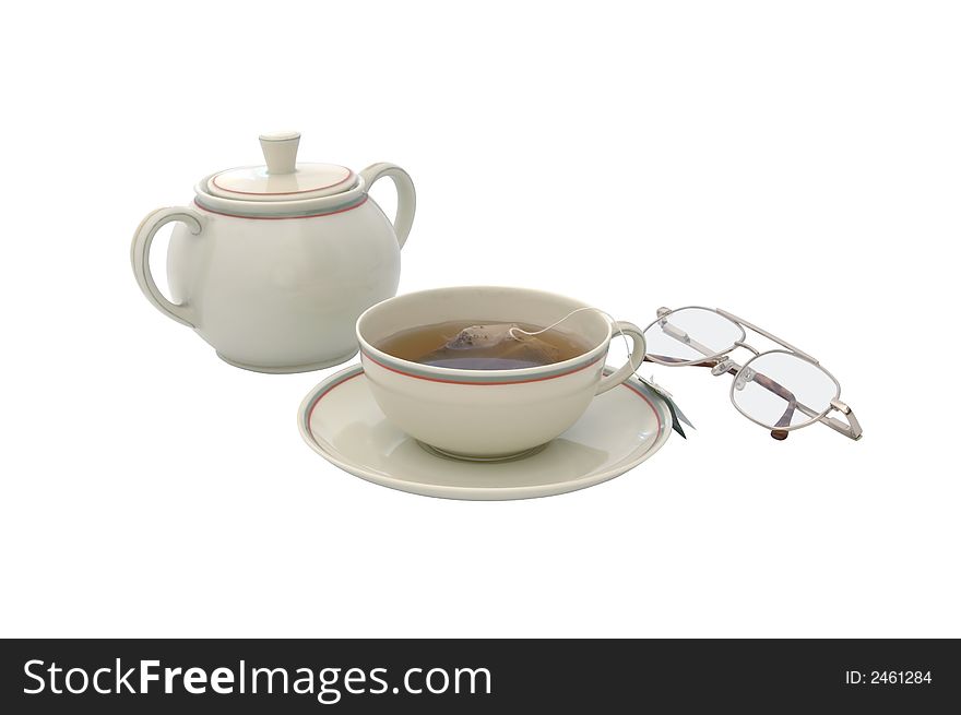 Isolated teacups with eyeglasses on white background