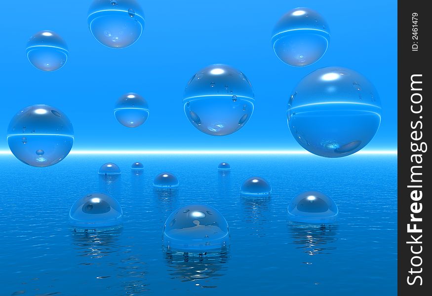 Water spheres falling on a surface of ocean - digital artwork. Water spheres falling on a surface of ocean - digital artwork
