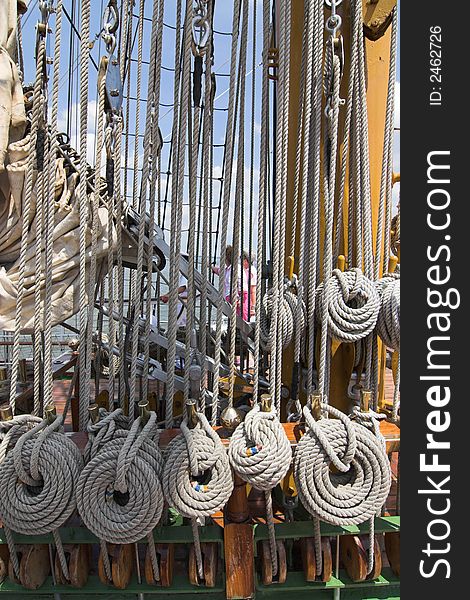 Complex ropes and rigging of tall sailing ship