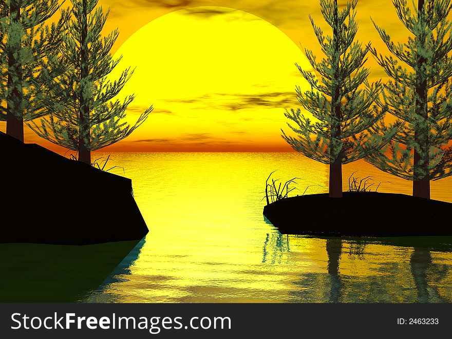 3D-render of lake and sunset silhouett
