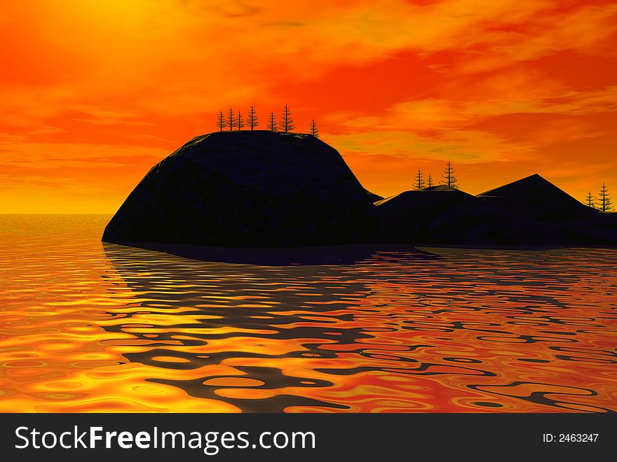 3D-render of ocean and sunset silhouett