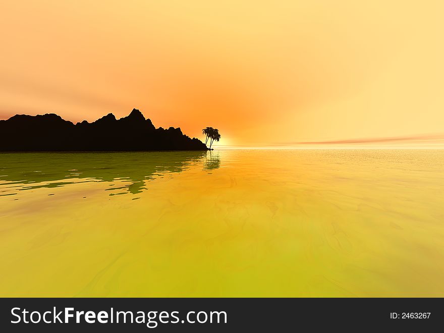 3D-render of palm trees and sunset silhouett