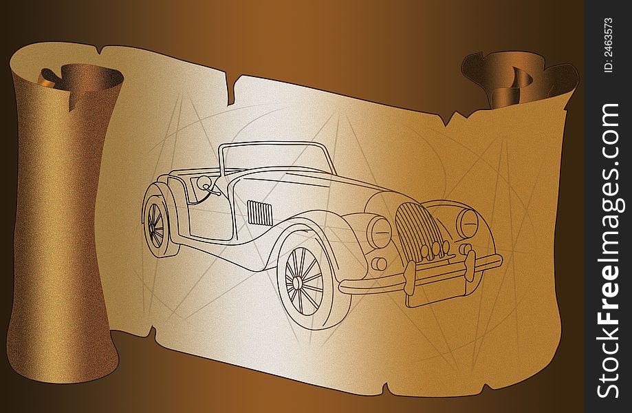 Old paper scroll on dark background. With Antique Car illustration. Old paper scroll on dark background. With Antique Car illustration