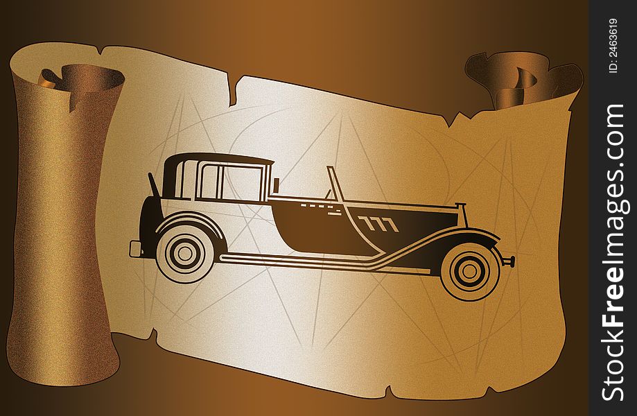 Old paper scroll on dark background. With vintage Car. Old paper scroll on dark background. With vintage Car