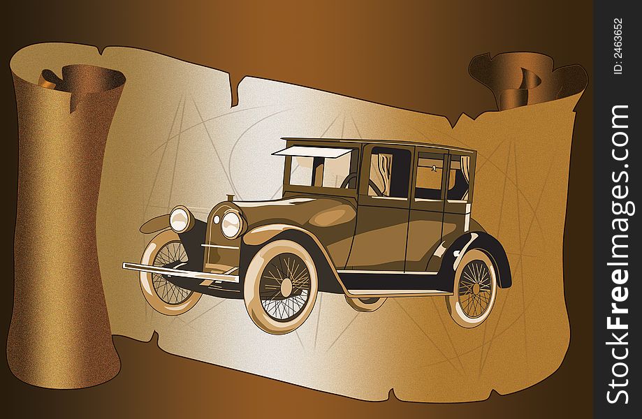 Old paper scroll on dark background. With old Car. Old paper scroll on dark background. With old Car